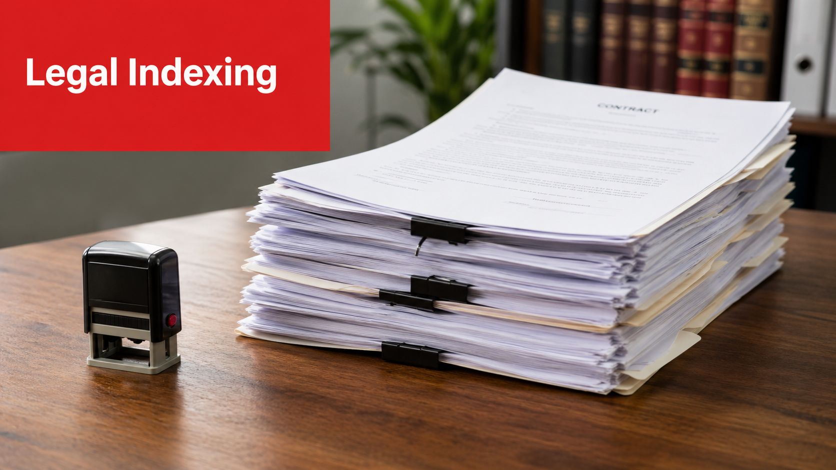 A stack of legal documents secured with binder clips and a stamp on a wooden office desk.